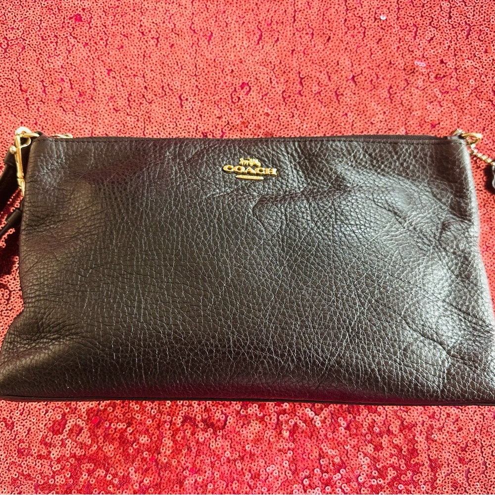 Coach Black Leather Clutch with Gold Emblem
